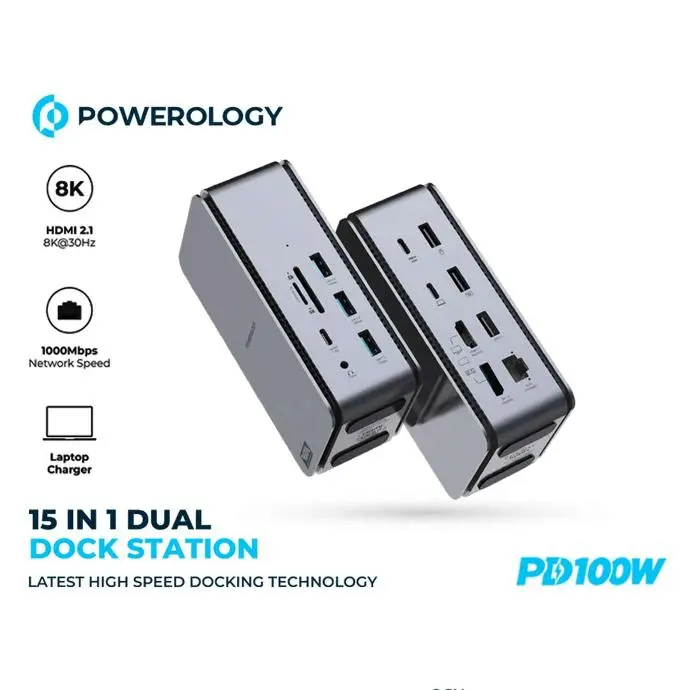 Powerology Power Hub Powerology 15 in 1 Dual Dock Station 40Gbps Data Speed Gray 