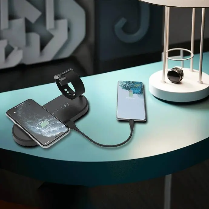 Powerology Holders And Stands Portable 4 In 1 Wireless Charging Dock 24W QC USB-A Output Black 