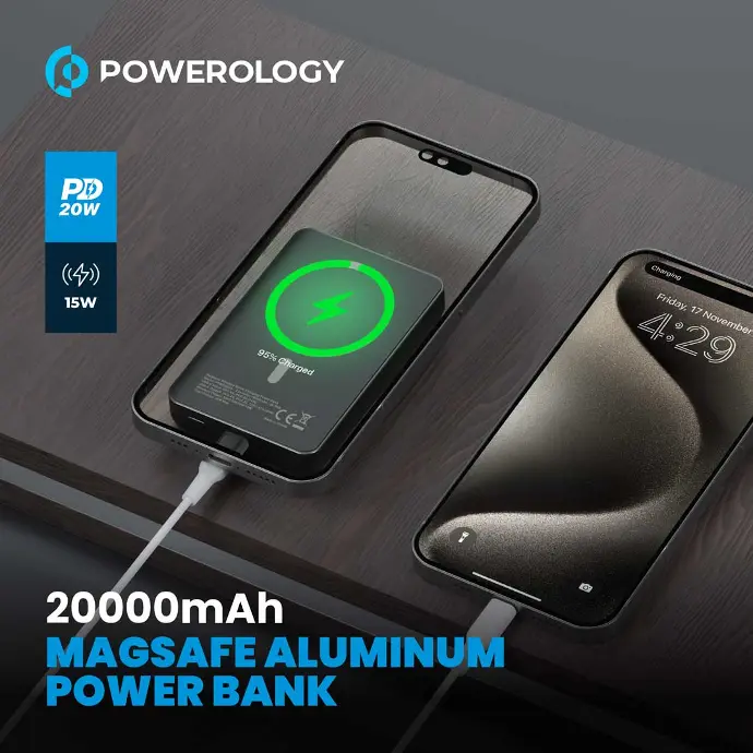 Powerology Power Bank 20000 mAh Magsafe Powerbank 15W Wireless Output Dark Grey