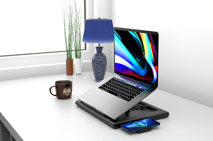 alt="Powerology Multi-Functional Pro Hub Laptop Stand with coffee cup and flowers"