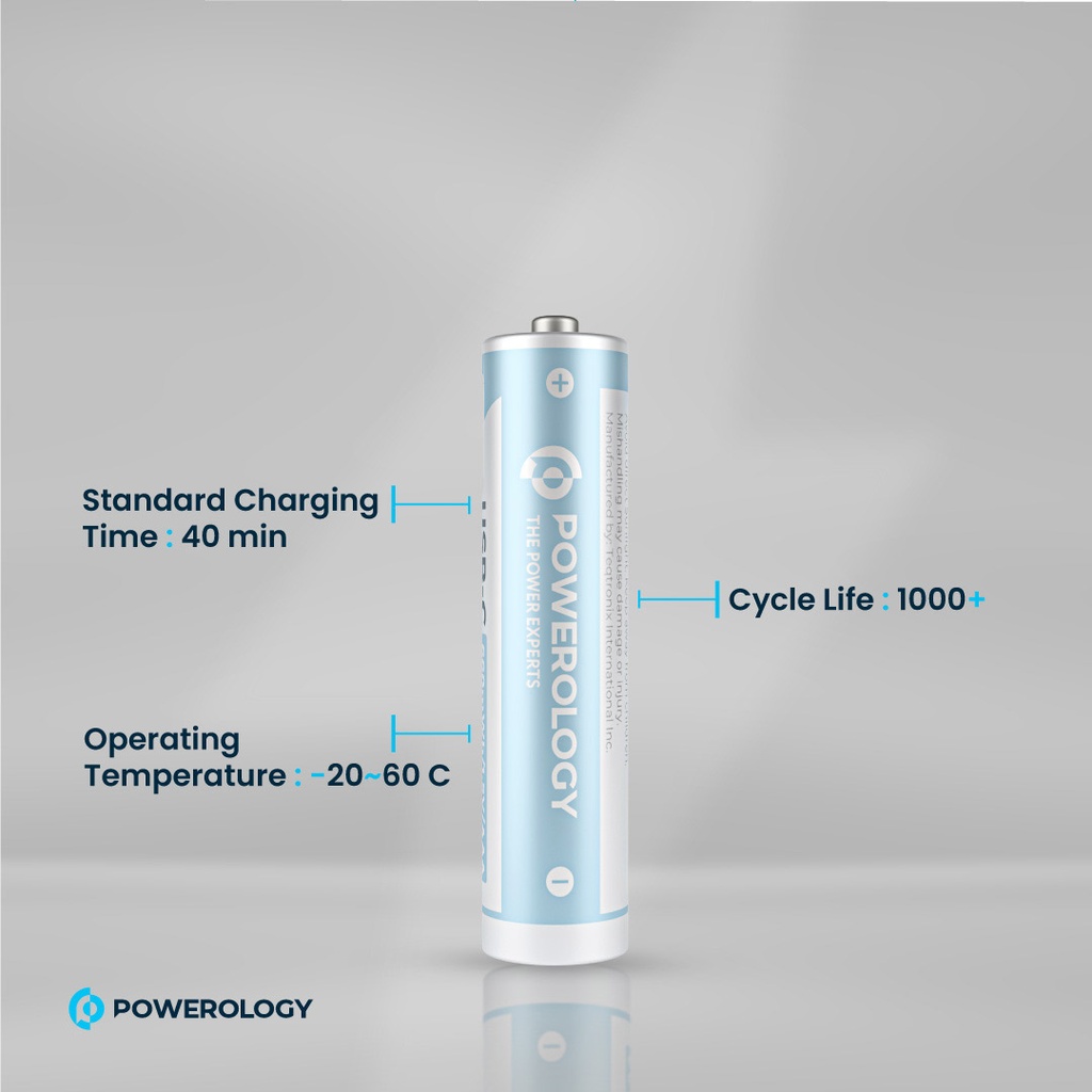 Powerology 1.5V Type-c Rechargeable Lithium-ion Battery AAA Battery 660mWh 4pcs per Pac	