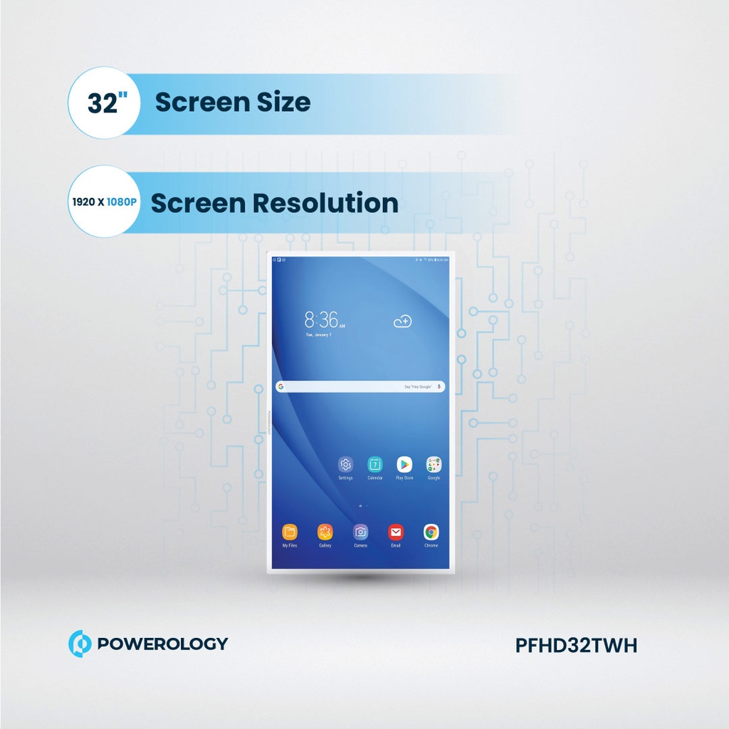 Powerology FHD Android 32” Tablet with Stand and Built-in Battery 4+128GB - White