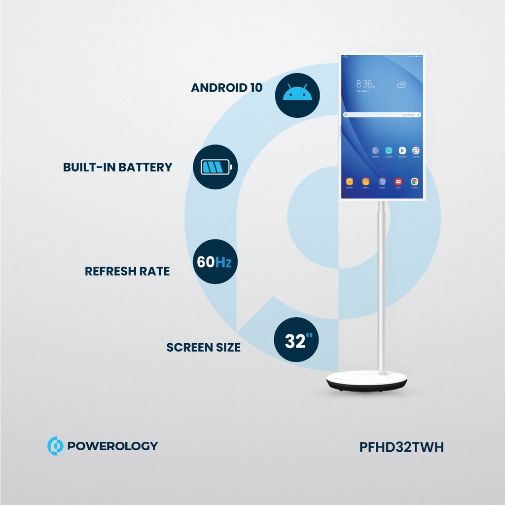 Powerology FHD Android 32” Tablet with Stand and Built-in Battery 4+128GB - White