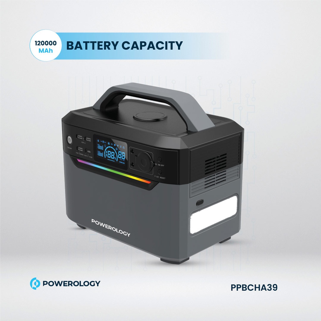 Powerology 120000mAh Portable Power Generator Fast Charging 384Wh 600W - Black 
