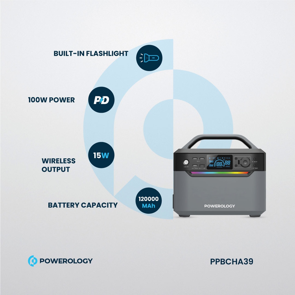 Powerology 120000mAh Portable Power Generator Fast Charging 384Wh 600W - Black 