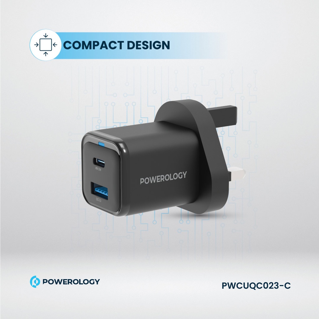 Powerology 35W PD QC 1xUSB-C 35W and 1xUSB-A 18W GaN Charger UK -with Type C to C 60W -Black	
