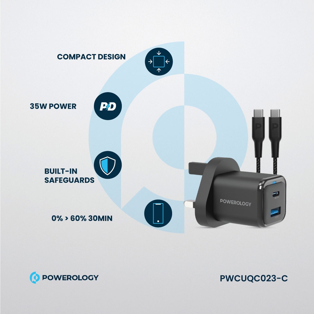 Powerology 35W PD QC 1xUSB-C 35W and 1xUSB-A 18W GaN Charger UK -with Type C to C 60W -Black	