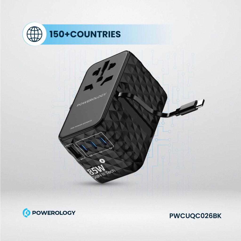 Powerology Universal GaN 85W Super Charger Retractable Type-C Cable