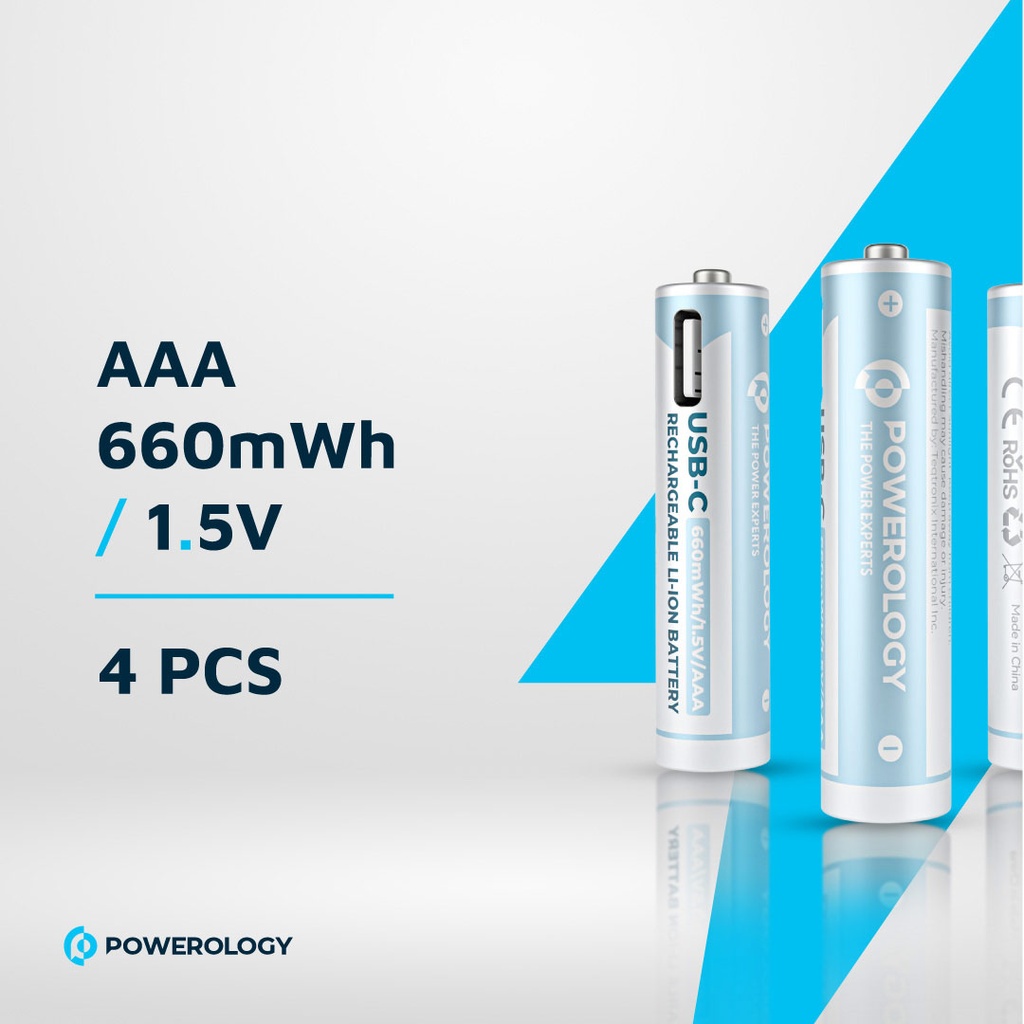 Powerology 1.5V Type-c Rechargeable Lithium-ion Battery AA Battery 2200mWh 4pcs per Pack