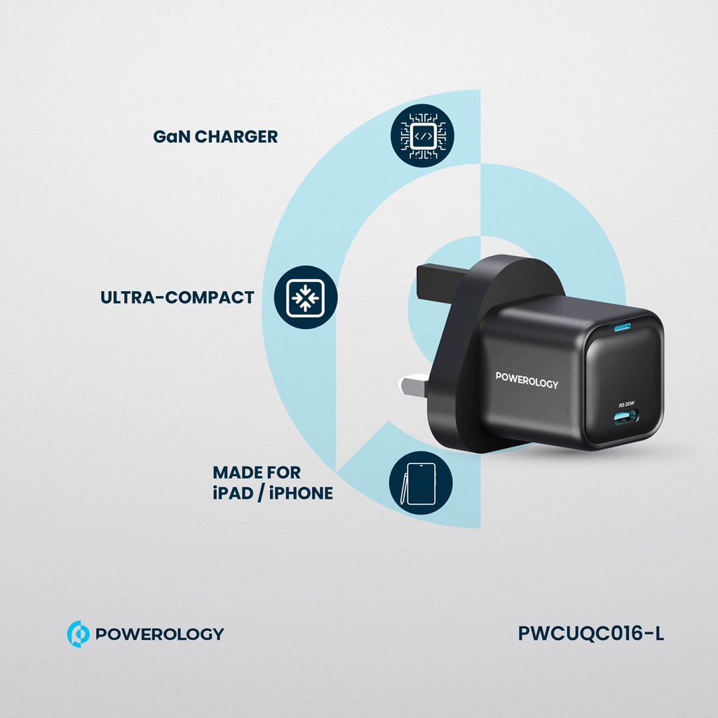 Powerology 20W Single C Port PD Charger UK with Type C to Lightining MFI 27W cable - Black	