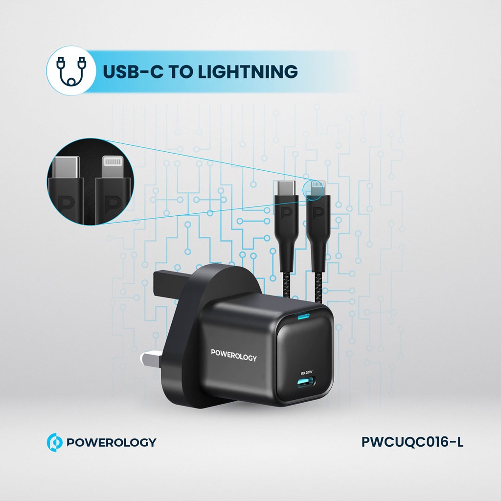Powerology 20W Single C Port PD Charger UK with Type C to Lightining MFI 27W cable - Black	