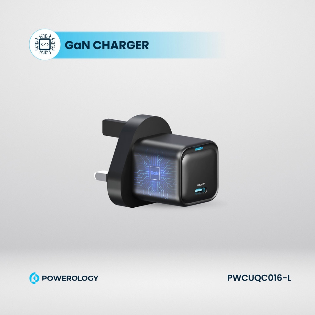Powerology 20W Single C Port PD Charger UK with Type C to Lightining MFI 27W cable - Black	