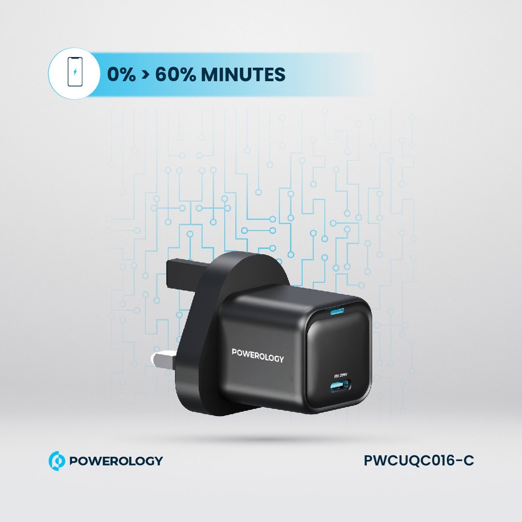 Powerology 20W Single C Port PD Charger UK with Type C to C 60W cable - Black