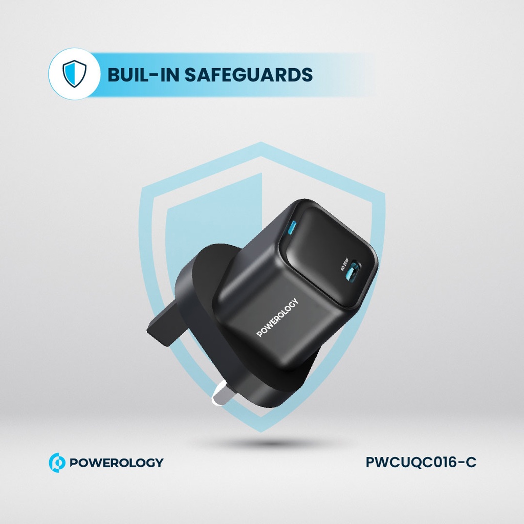 Powerology 20W Single C Port PD Charger UK with Type C to C 60W cable - Black