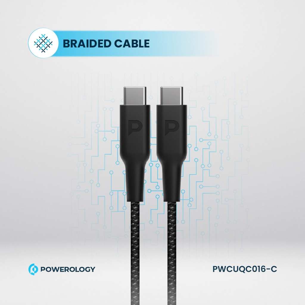 Powerology 20W Single C Port PD Charger UK with Type C to C 60W cable - Black