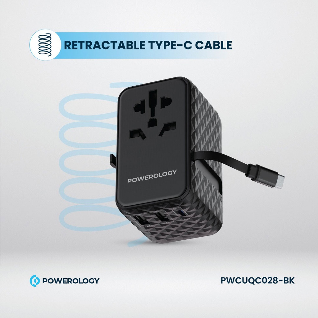Powerology GaN Universal Charger Retractable Type-C Cable 
