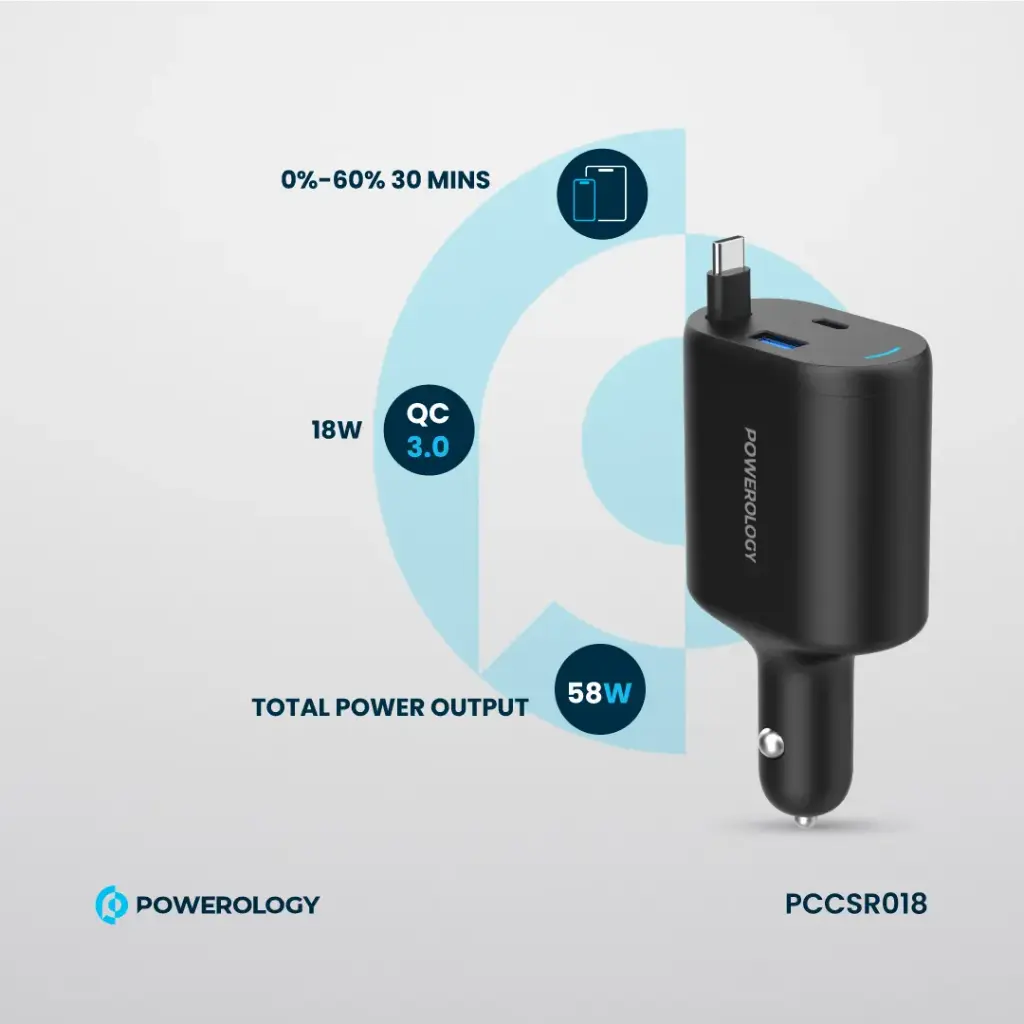 Powerology Type-C Retractable Car Charger - Black