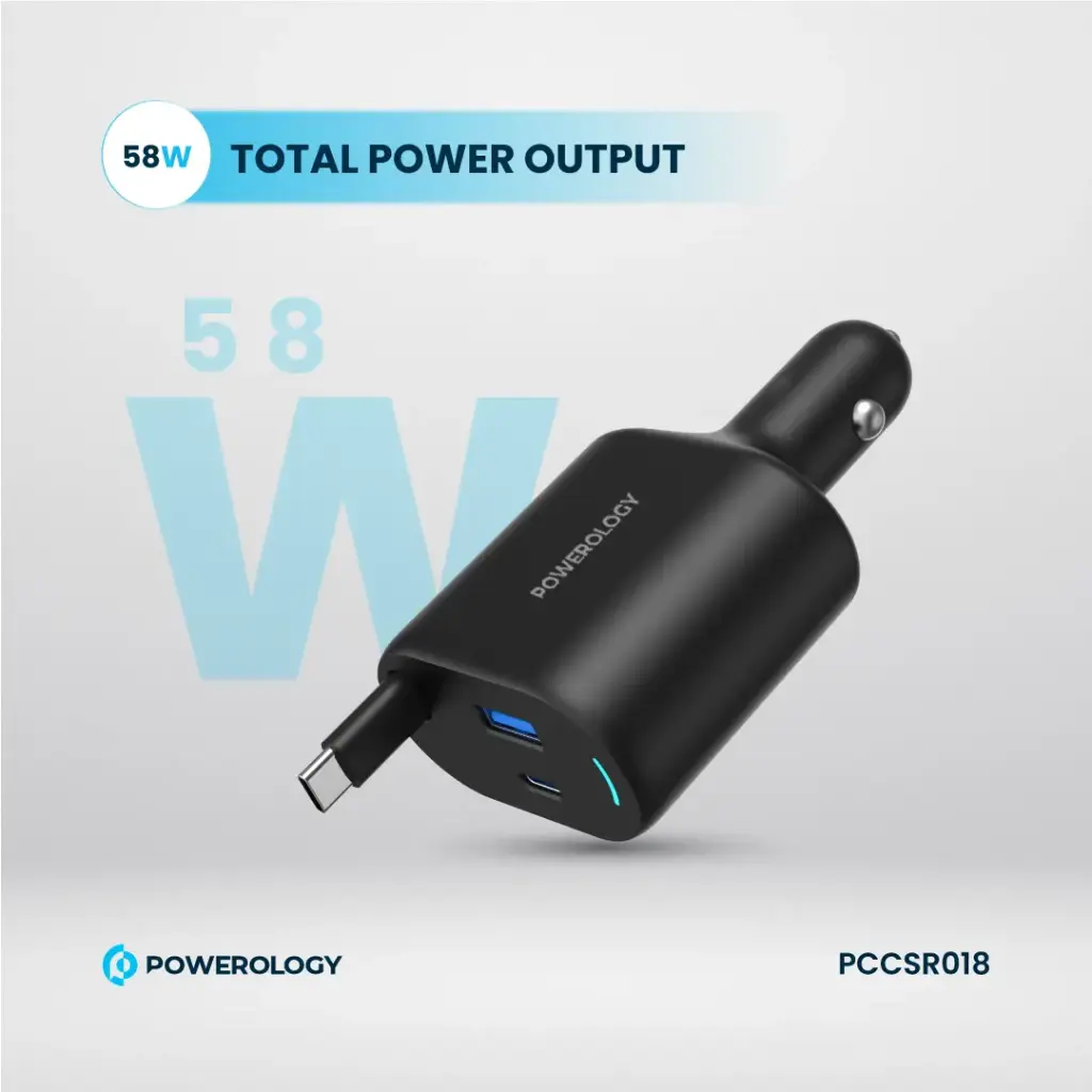 Powerology Type-C Retractable Car Charger - Black