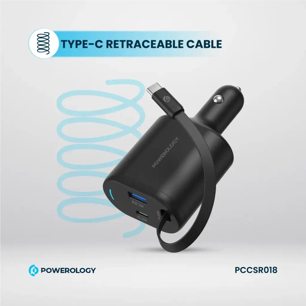 Powerology Type-C Retractable Car Charger - Black