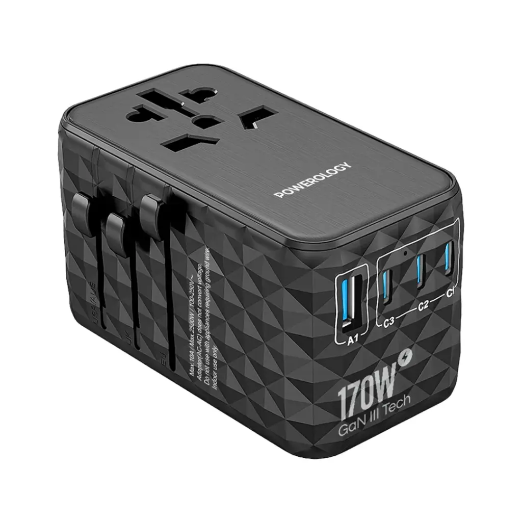 Powerology GaN 170W Universal Charger with 4-Ports Fast Charging + Ac - Black