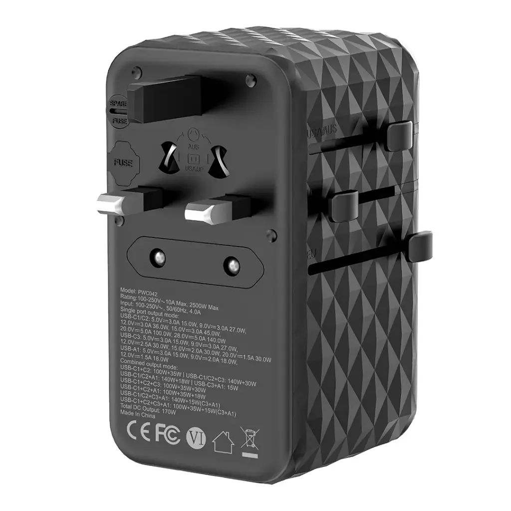 Powerology GaN 170W Universal Charger with 4-Ports Fast Charging + Ac - Black