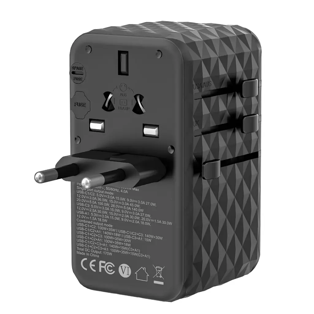 Powerology GaN 170W Universal Charger with 4-Ports Fast Charging + Ac - Black