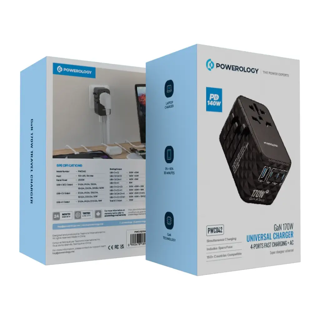 Powerology GaN 170W Universal Charger with 4-Ports Fast Charging + Ac - Black