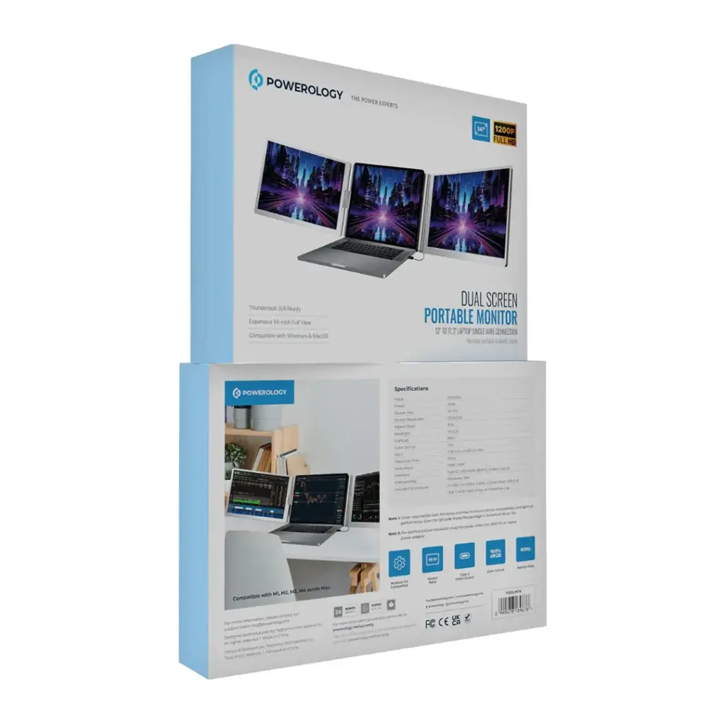 Powerology Dual Screen Portable Monitor - Silver