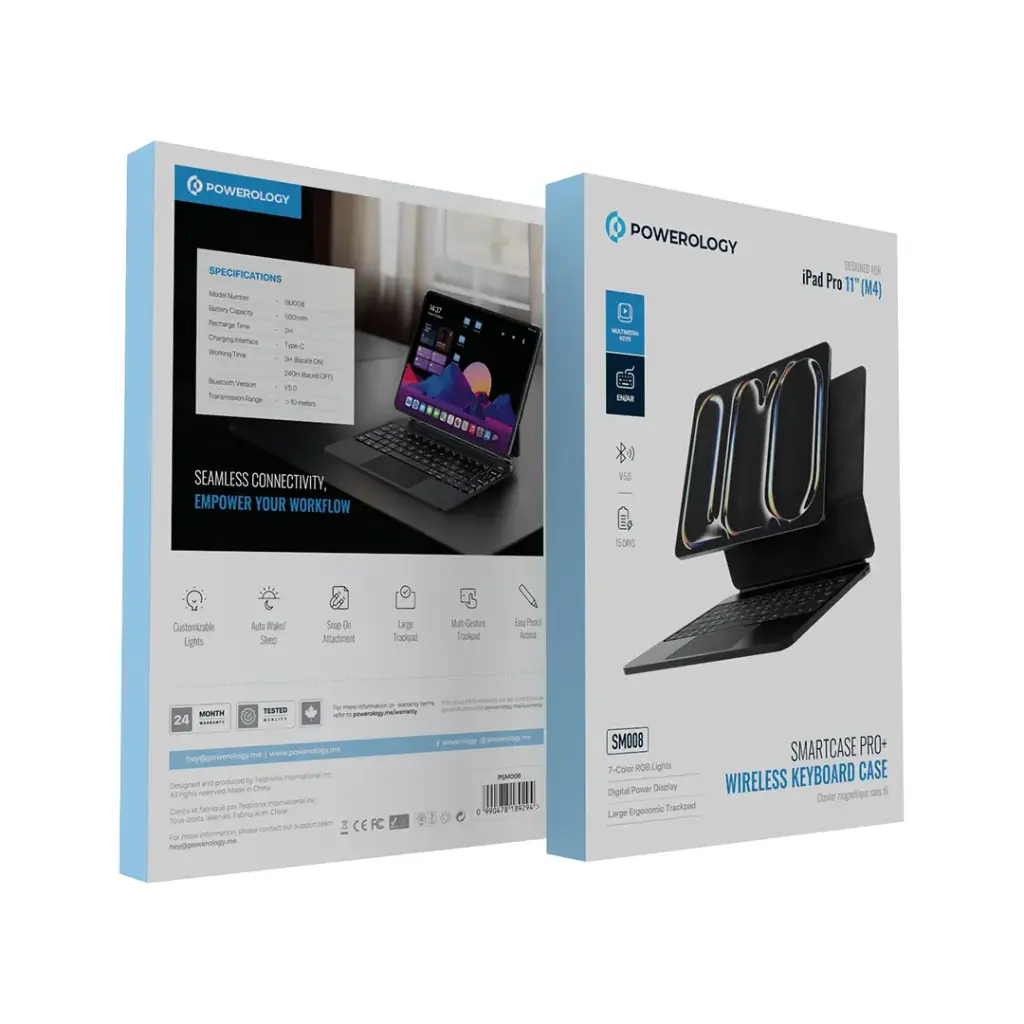 Powerology Smartcase Pro+ Wireless Keyboard Case for iPad Pro 11” (M4) - Black