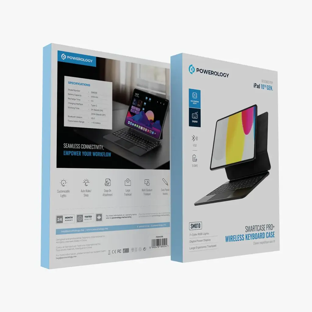 Powerology Smartcase Pro+ Wireless Keyboard Case for iPad 10th Gen - Black