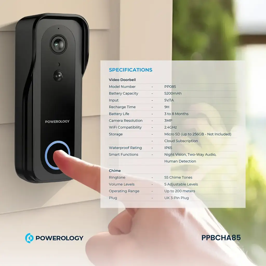Powerology Smart Doorbell Camera - Black