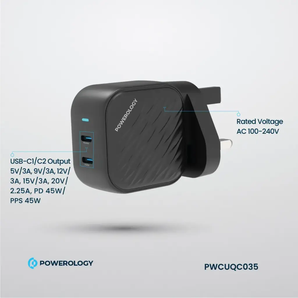 Powerology Gan Dual USB-C Wall Charger - Black