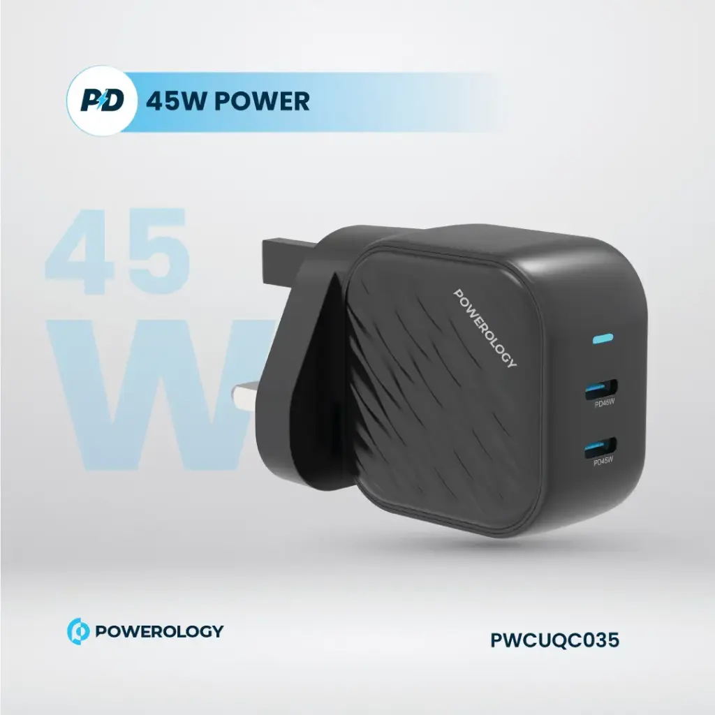 Powerology Gan Dual USB-C Wall Charger - Black