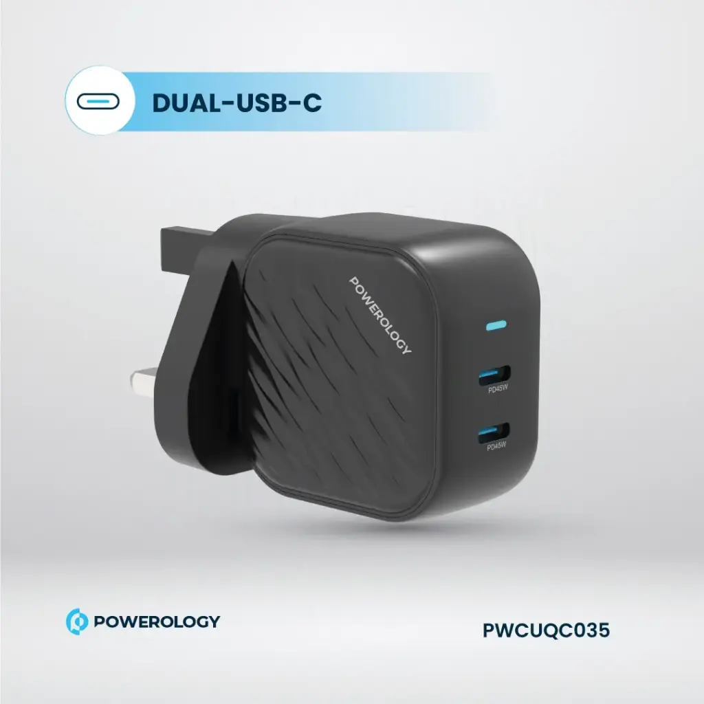 Powerology Gan Dual USB-C Wall Charger - Black