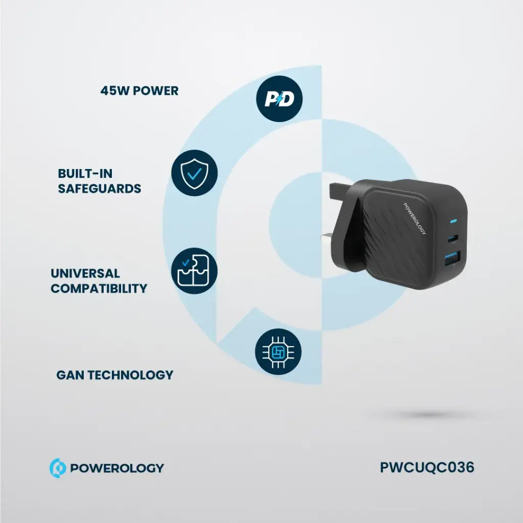 Powerology Gan Dual Port Wall Charger - Black