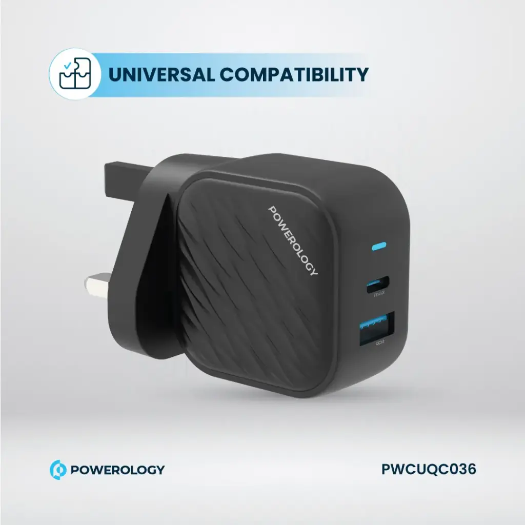Powerology Gan Dual Port Wall Charger - Black