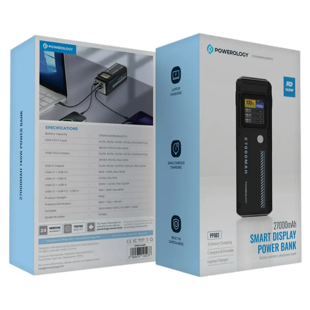 Powerology 27000mAh Smart Display Power Bank - Black