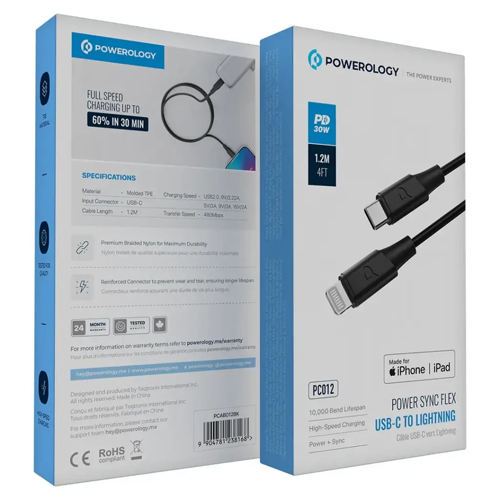Powerology Power Sync Flex USB-C to Lightning Cable PD 30W