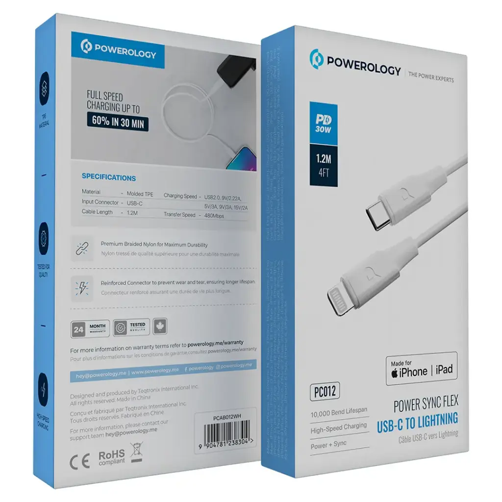 Powerology Power Sync Flex USB-C to Lightning Cable PD 30W