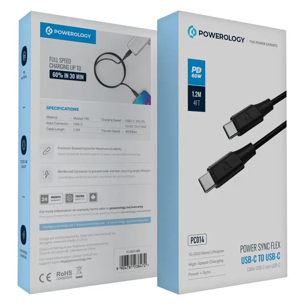 Powerology Power Sync Flex USB-C to USB-C 1.2m Cable PD 60W