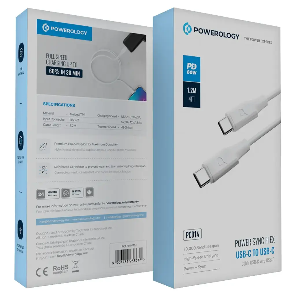 Powerology Power Sync Flex USB-C to USB-C 1.2m Cable PD 60W