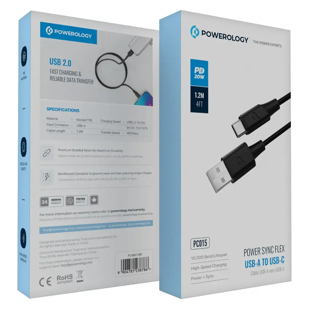 Powerology Power Sync Flex USB-A to USB-C Cable PD 20W 