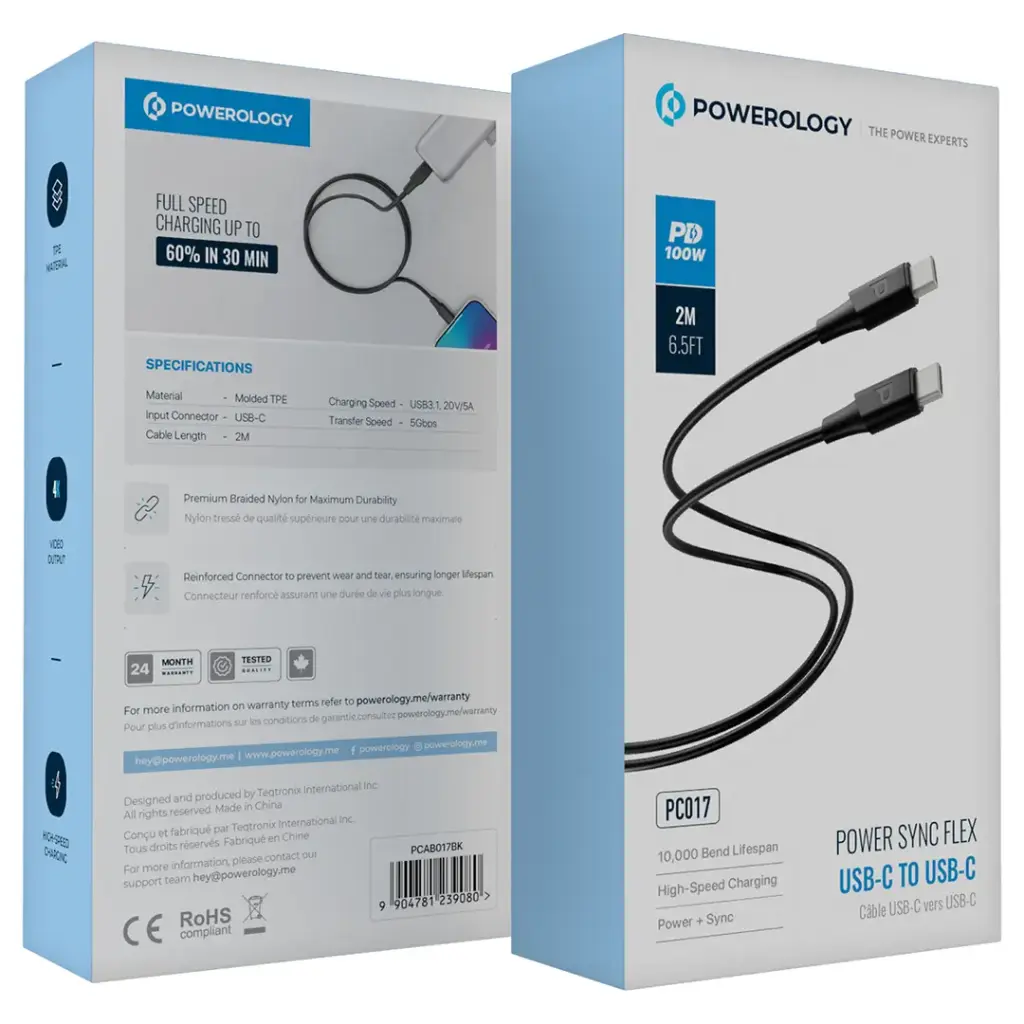 Powerology Power Sync Flex USB-C to USB-C PD 100W - Black