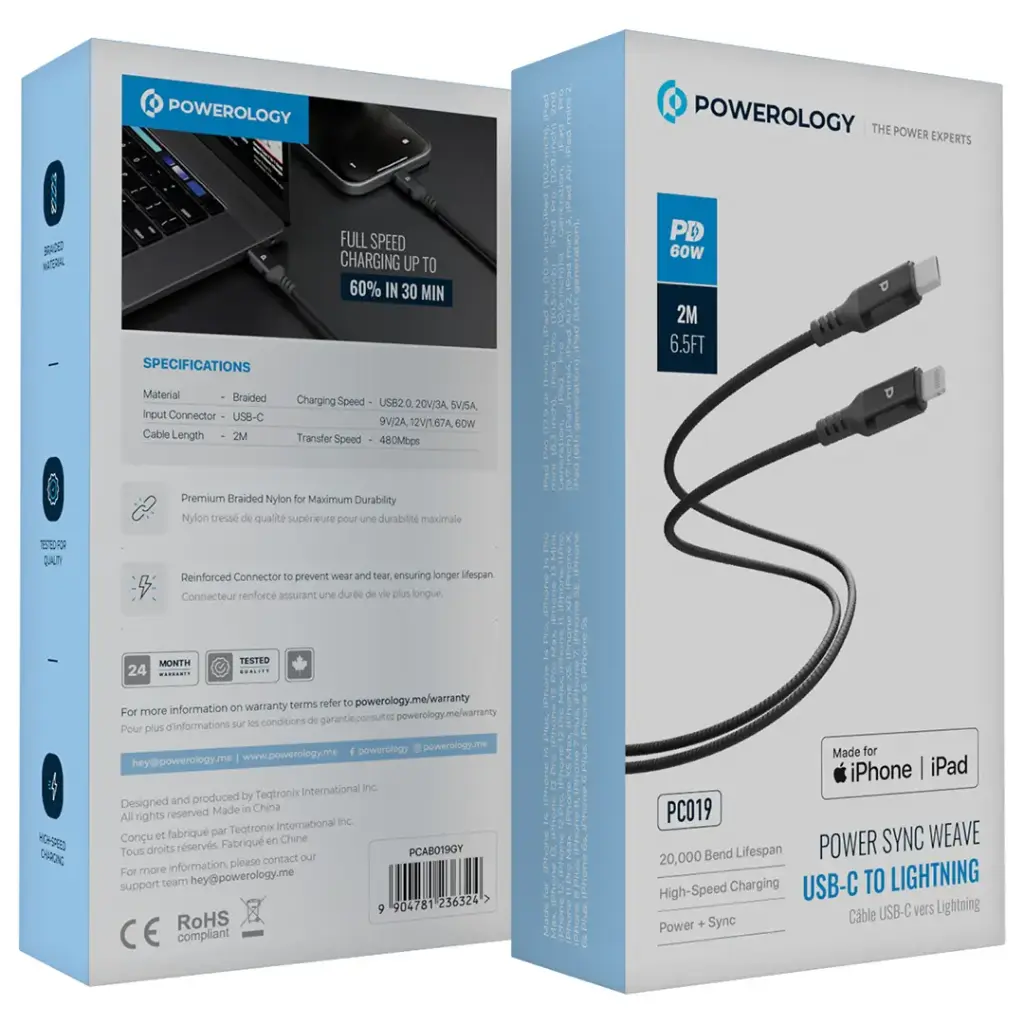 Powerology Power Sync Weave USB-C to Lightning PD 60W