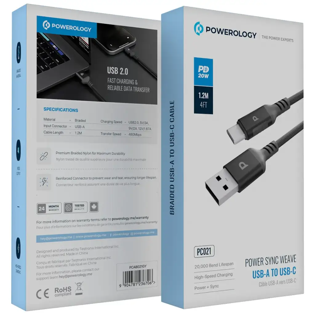 Powerology Power Sync Weave USB-A to USB-C PD 20W