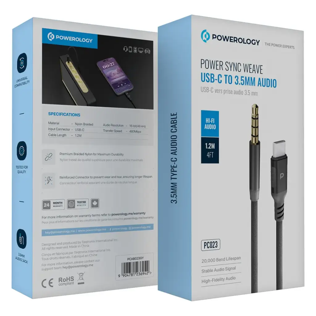 Powerology Power Sync Weave USB-C To 3.5mm Audio 1.2m Cable - Gray