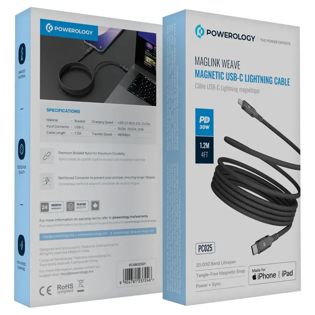 Powerology Malinka Weave Magnetic USB-C To Lightning 1.2m Cable PD 30W - Gray