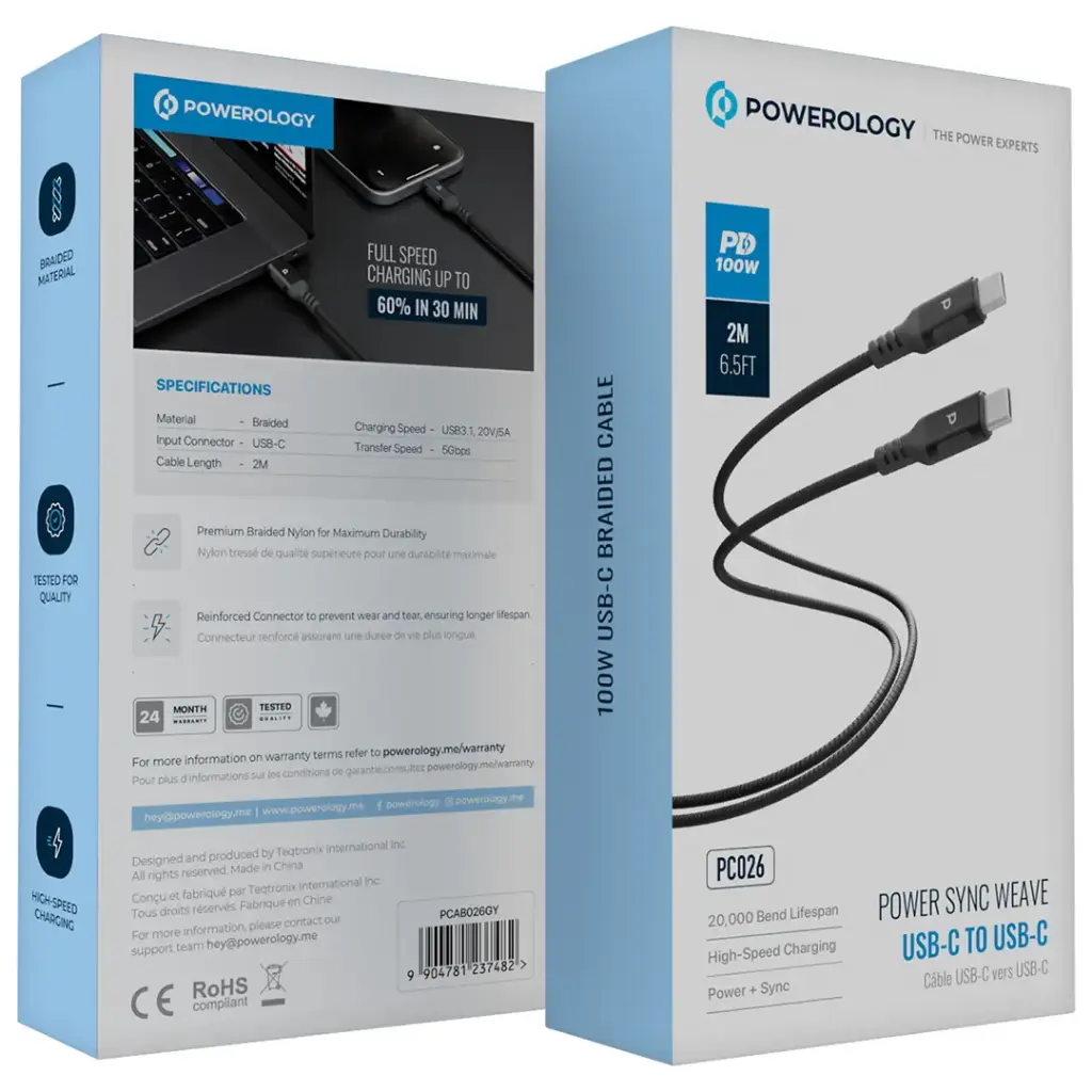 Powerology Power Sync Weave USB-C to USB-C 2m PD 100W - Gray