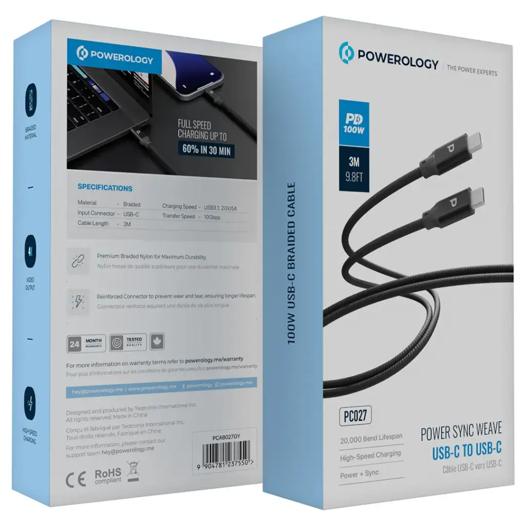 Powerology Power Sync Weave USB-C to USB-C 3m Cable PD 100W - Gray