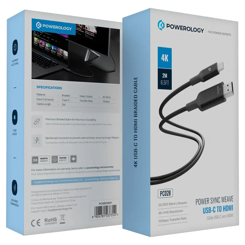 Powerology Power Sync Flex 4K USB-C to HDMI 2m Cable - Gray